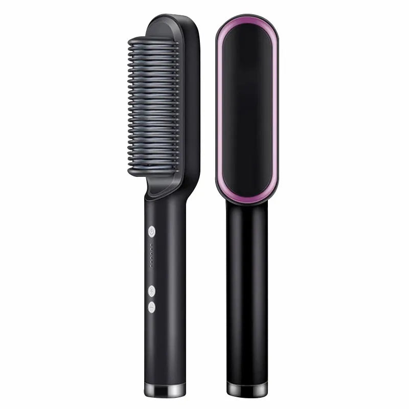 Black electric hair straightener comb with purple accent plate and bristles