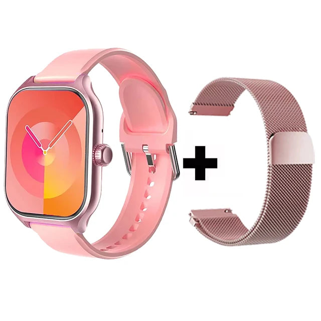 2.01-inch smart watch with pink silicone band and rose-gold mesh strap bundle, fitness tracker