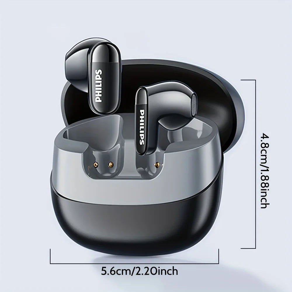 Gray wireless earbuds in charging case with in-ear tips