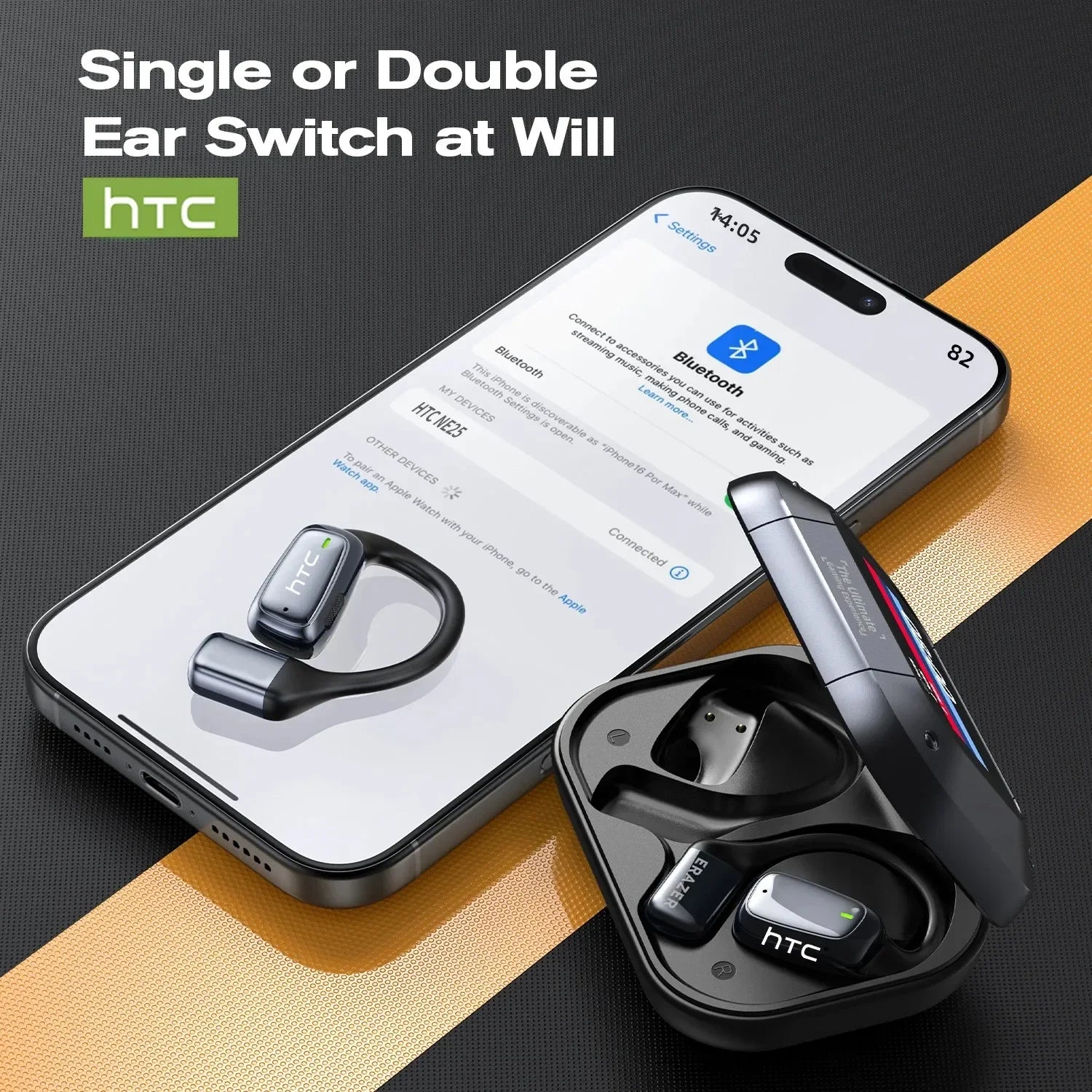 Black wireless earbuds and charging case with earbuds and phone nearby