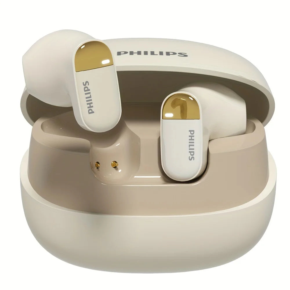 Philips wireless earbuds with cream charging case and gold accents