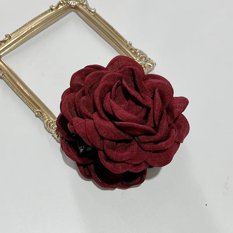 Burgundy fabric rose hair claw clip barrette