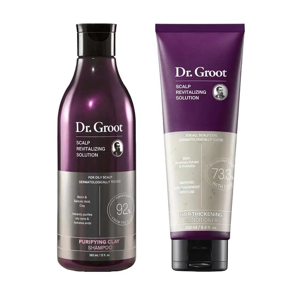 Dr.Groot Hair Loss Treatment Set: purifying clay shampoo + thickening conditioner, Cedar & Moore, 2-piece purple bottles