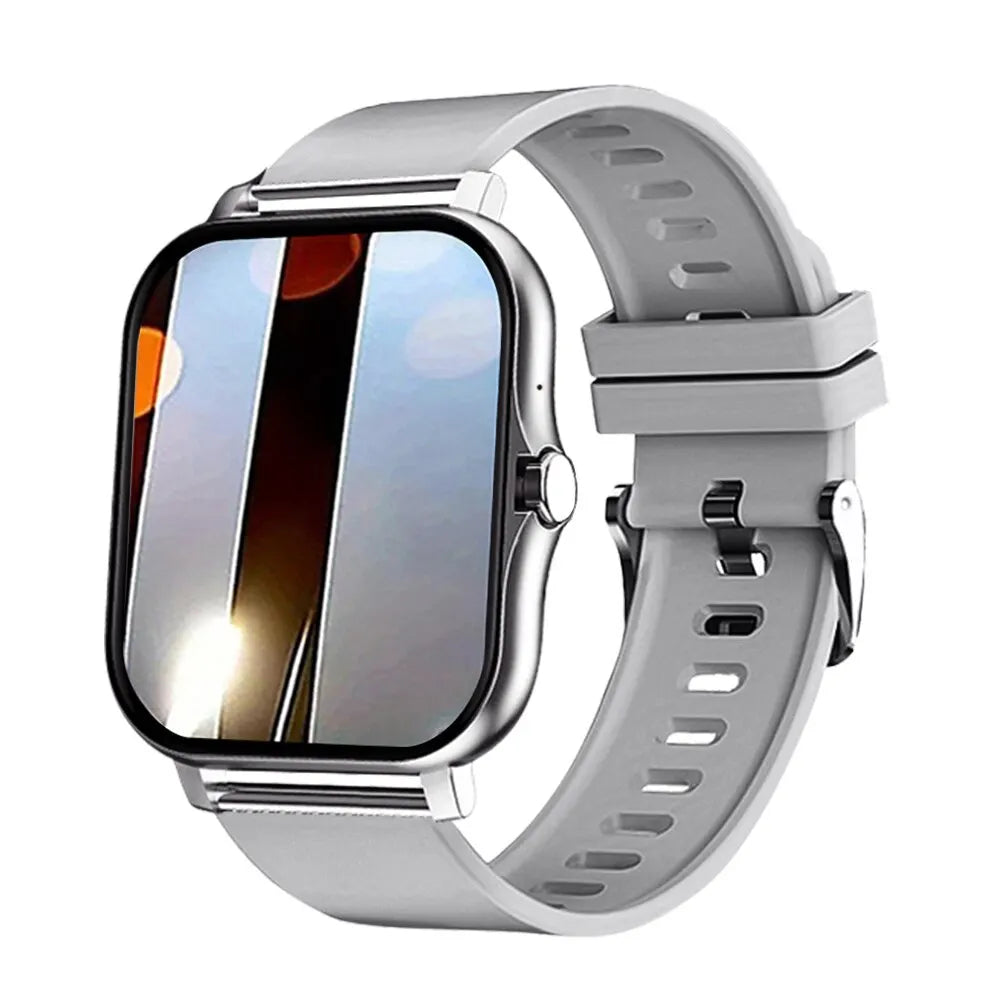 Silver-tone mini smart watch with square touchscreen and gray silicone sport band.