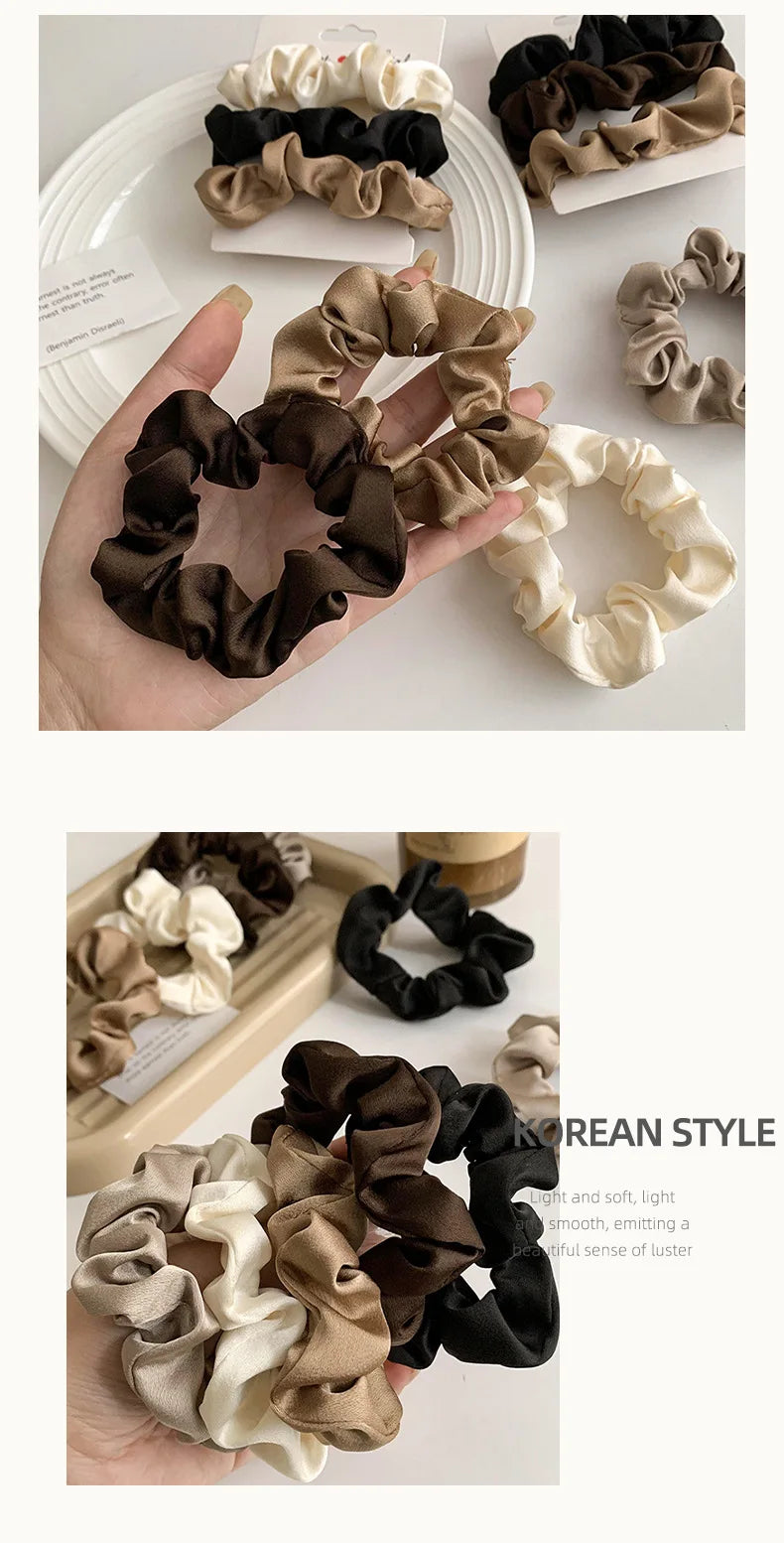 Multi Pack Elegant Satin Pleated Scrunchies - Solid Color Hair Ties for Women