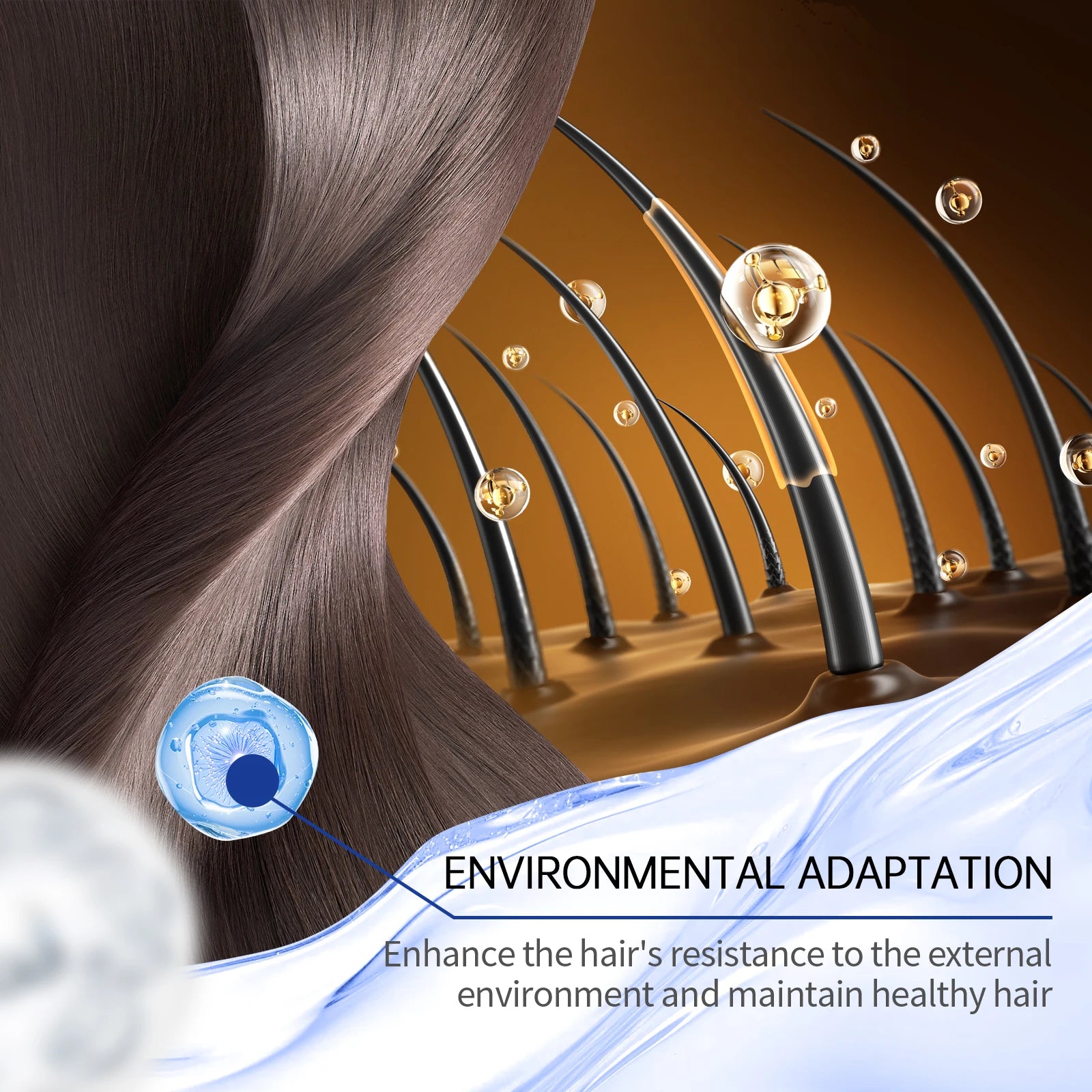 Dark hair strand close-up with serum droplets and applicator on a white surface