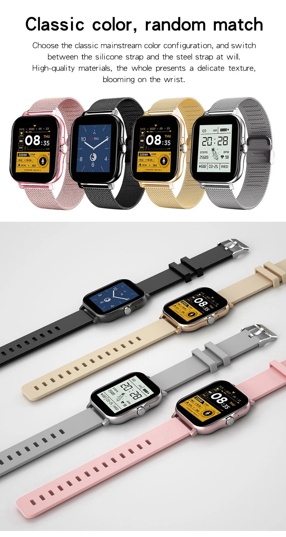Mini smart watches set with pink, black, gold, and gray silicone straps