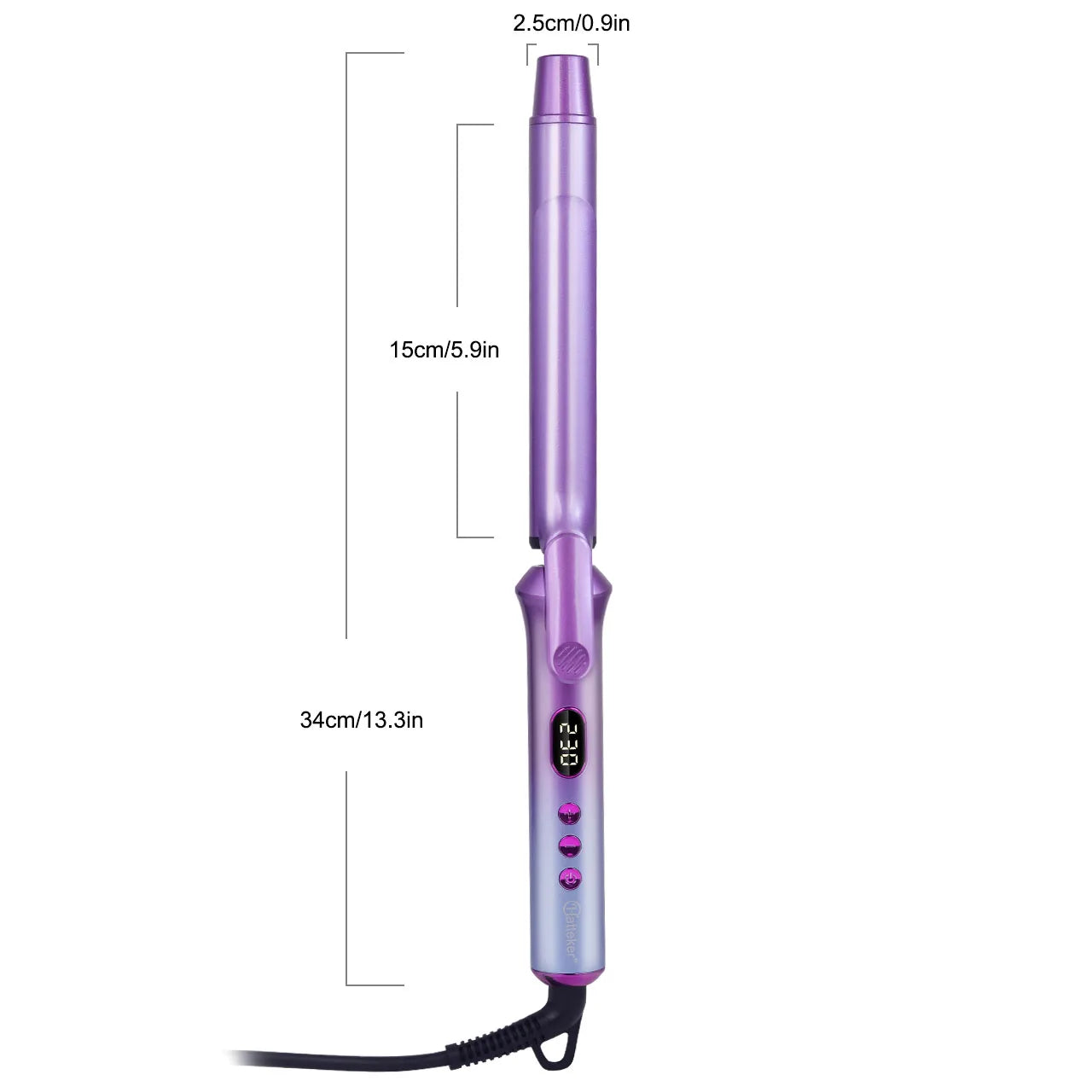 Purple hair curling tong with long barrel and control screen, with power cord