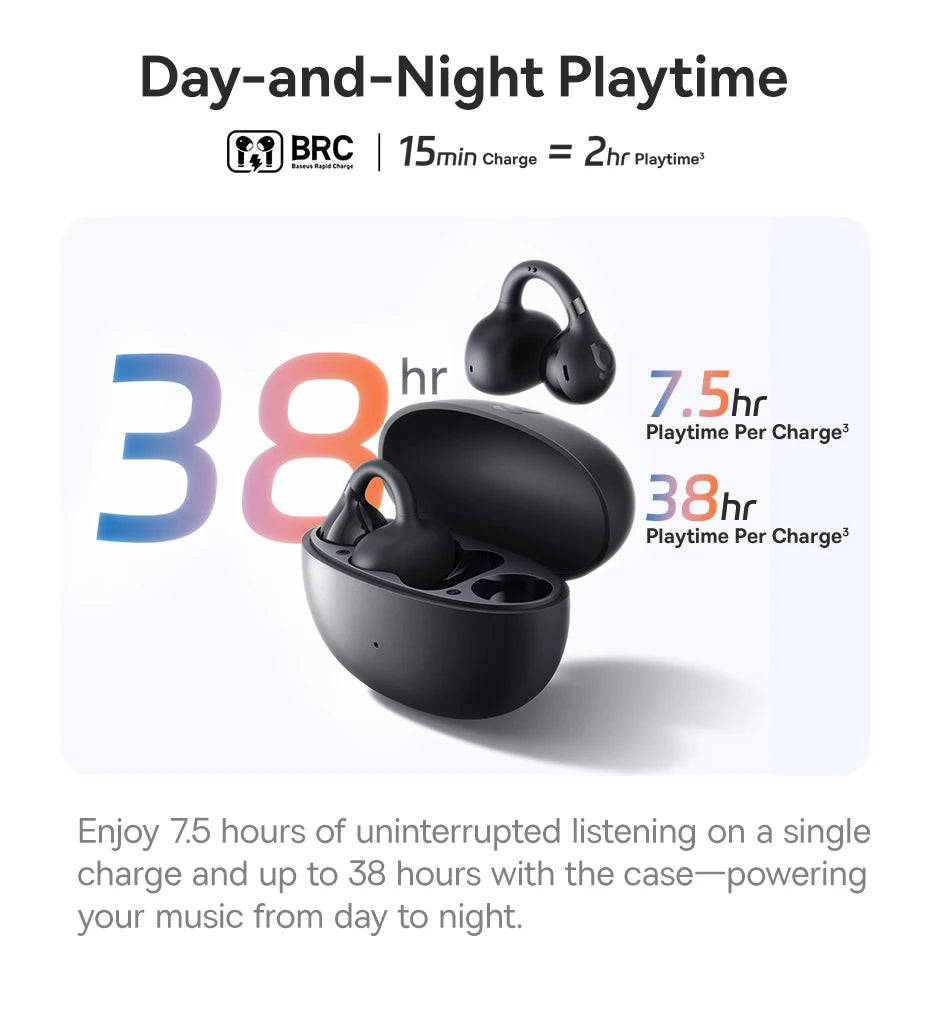 Black open-ear clip earbuds with charging case, ear hooks and open-ear design