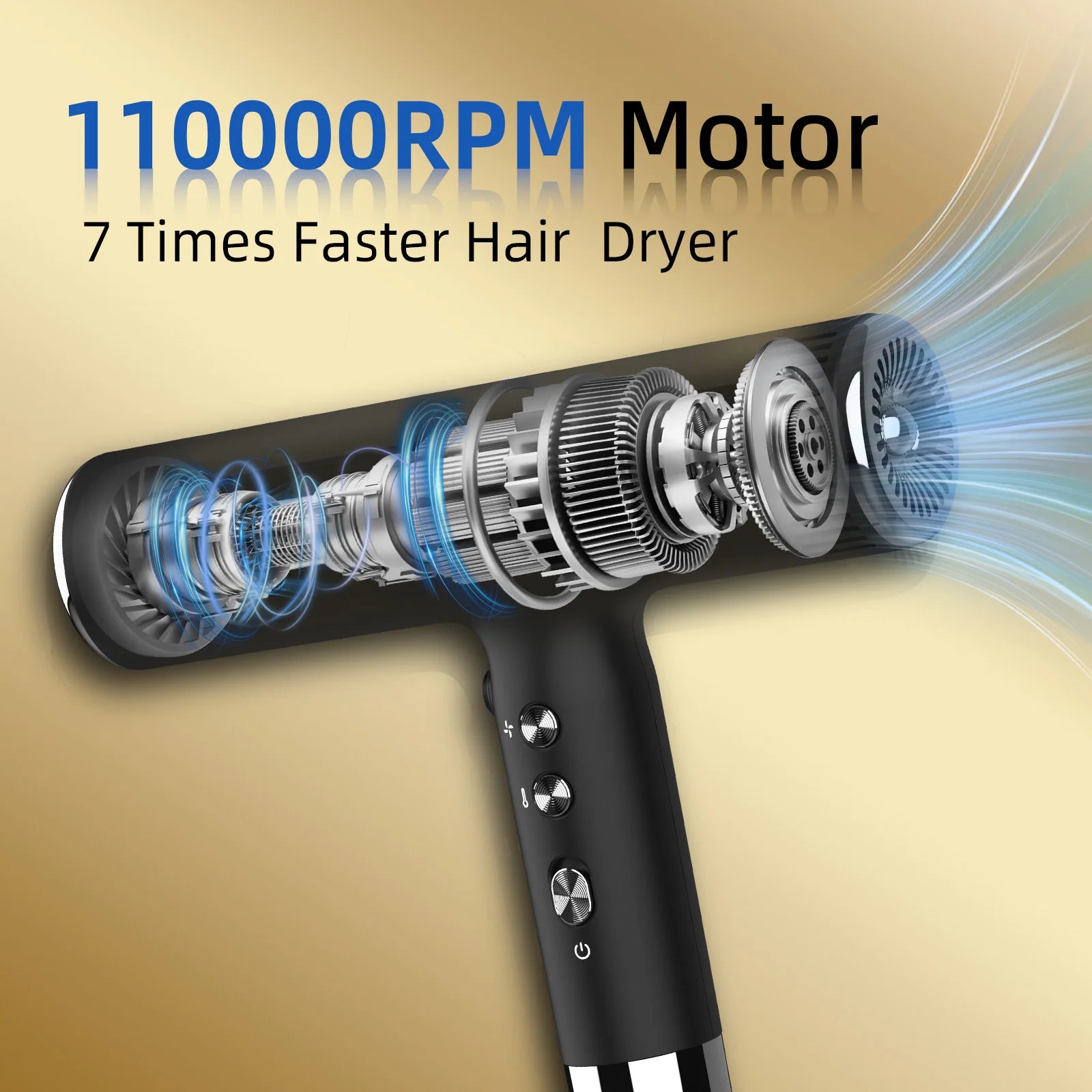 Black professional hair dryer with vented nozzle and internal motor airflow view