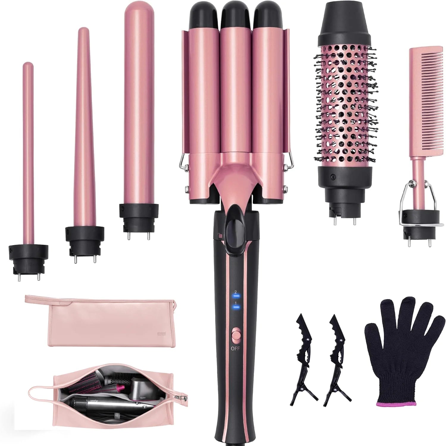 Rose-gold curling iron set with multiple barrel attachments, comb, glove, and storage pouch