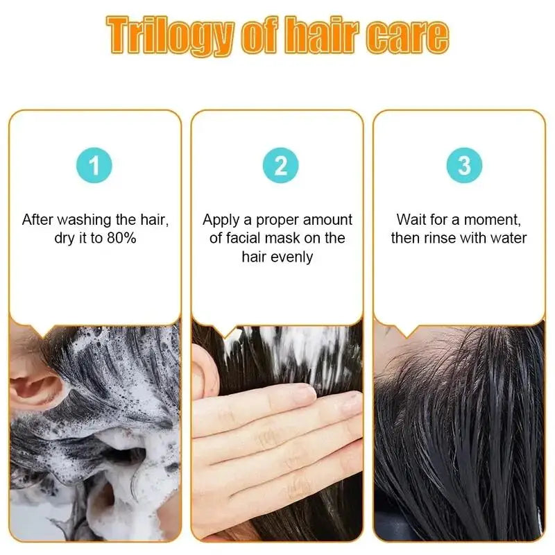 Magical Keratin Rice Hair Mask 3-step hair treatment infographic: wash, apply mask evenly, rinse