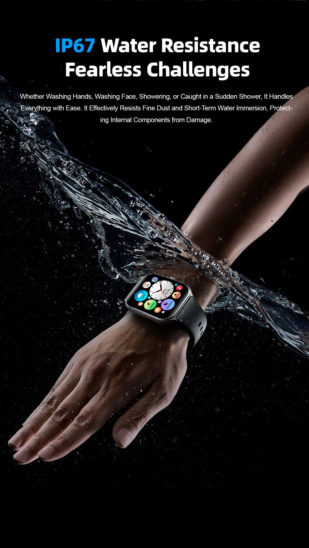 Ultra-thin AMOLED smart watch with colorful screen on wrist, water splashes