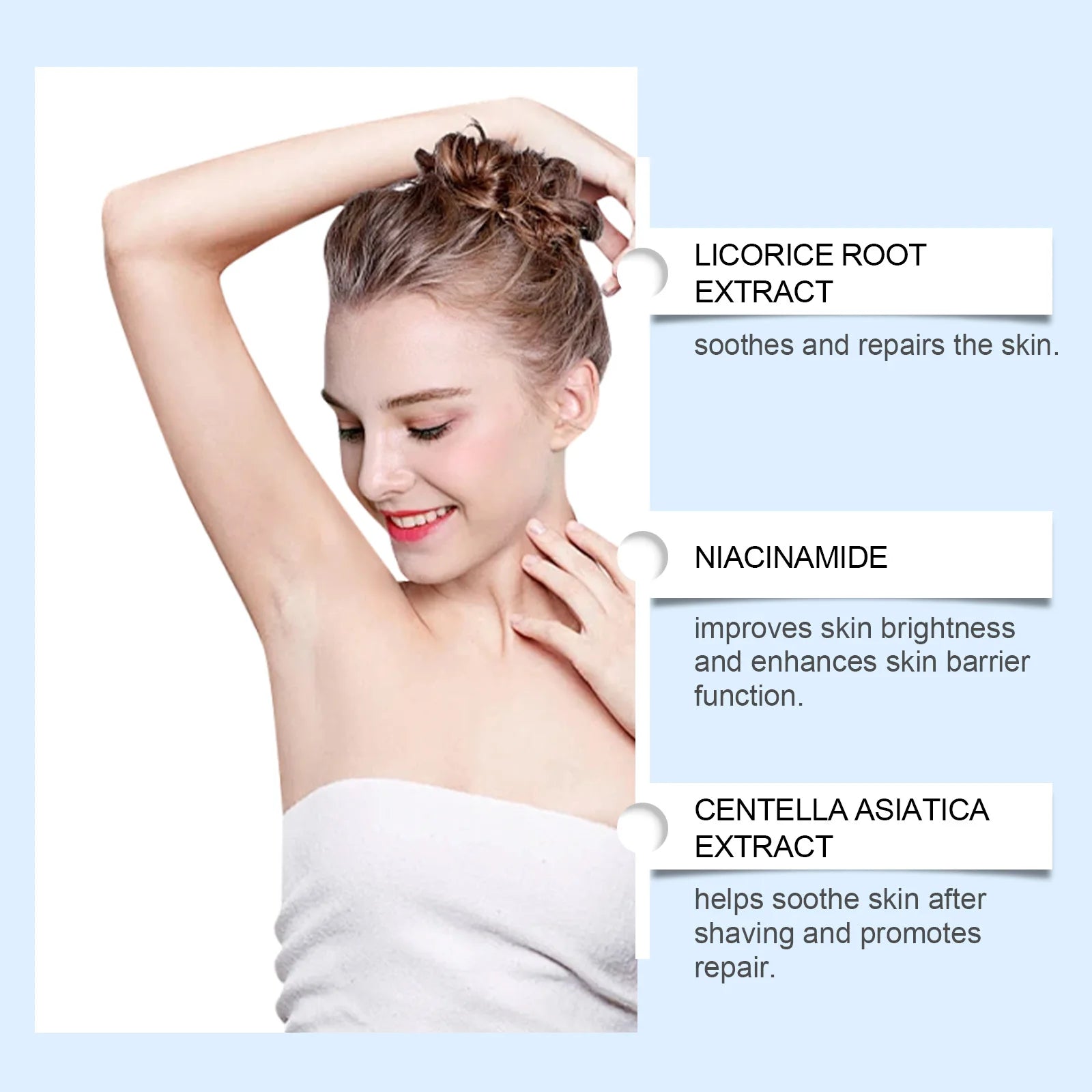 Underarm soothing roller for after shave care, with skin and ingredient callouts