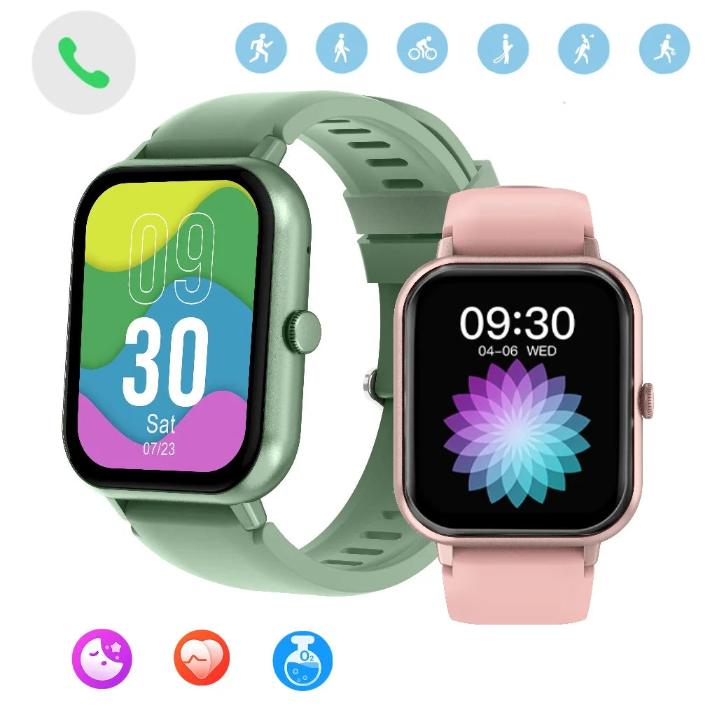Digital smartwatch with green and pink silicone bands, heart-rate watch faces