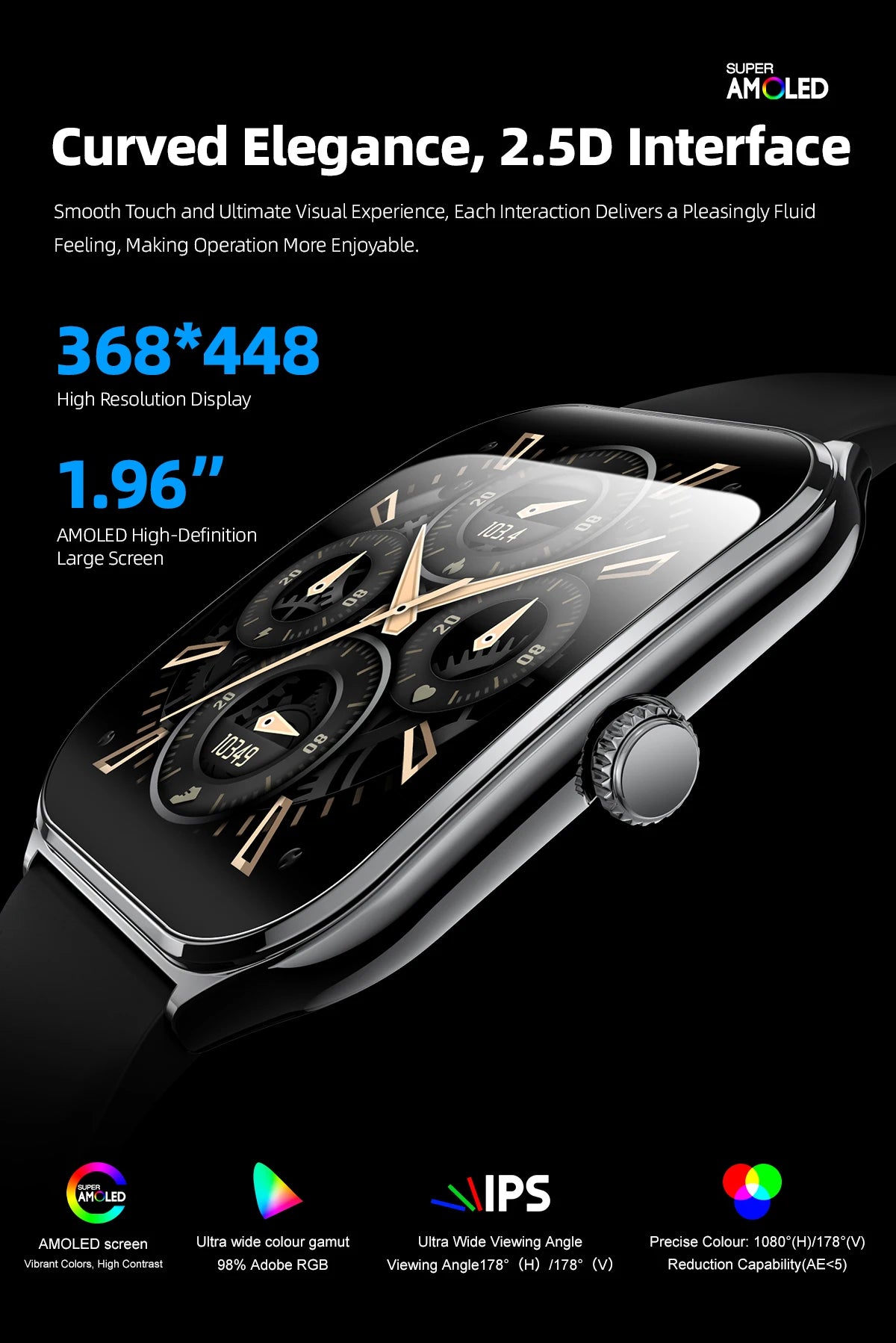 Ultra-thin smart watch with curved AMOLED screen and side crown button