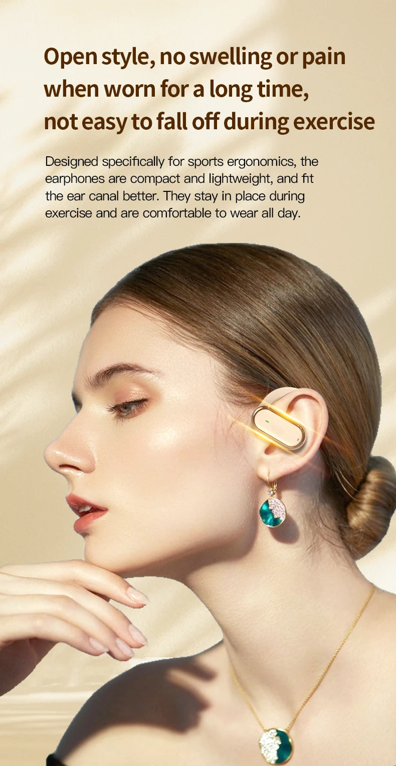 In-ear Bluetooth earbuds Cedar & Moore with LED display, gold finish worn by a woman