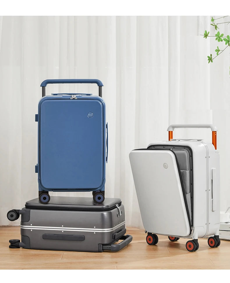 Blue carry-on suitcase with telescoping handle and four spinner wheels