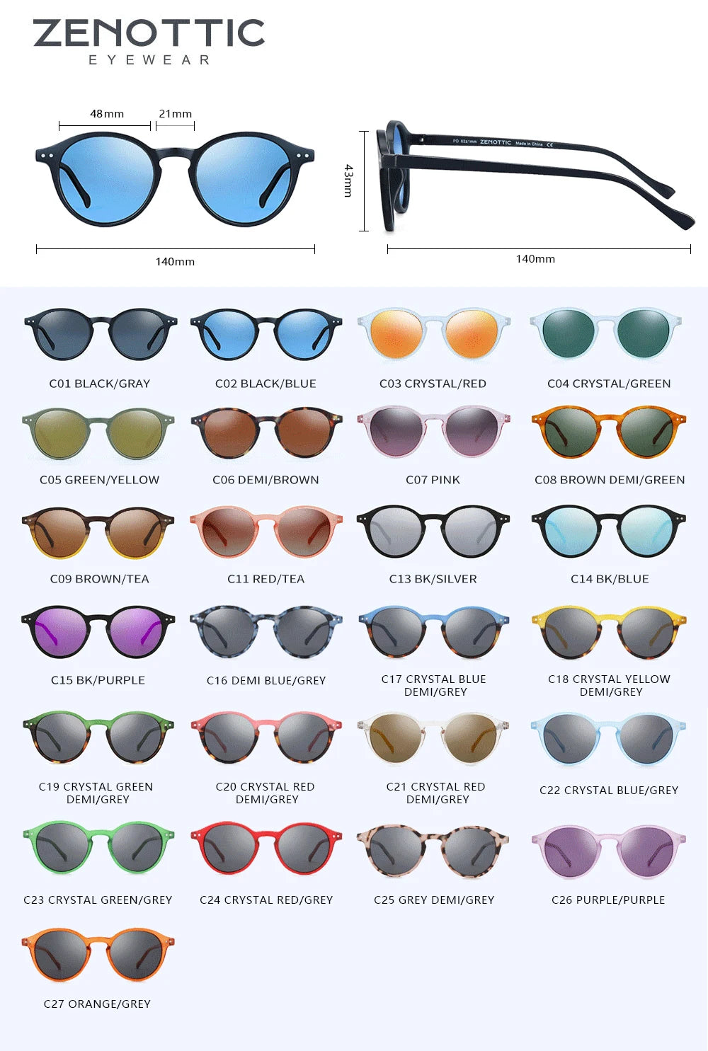 Retro small round sunglasses color chart with blue, black, green, purple, and brown frames