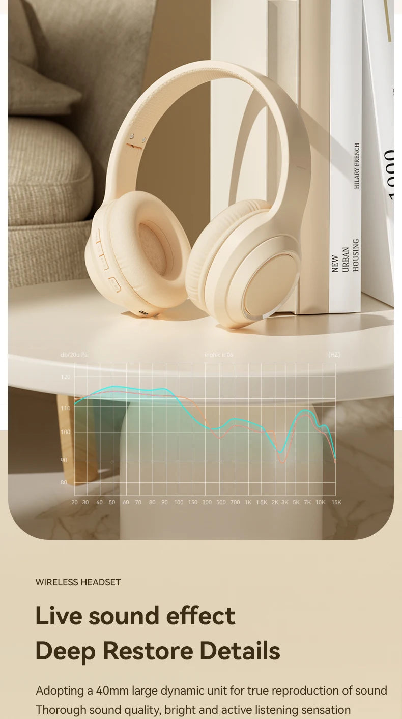 White over-ear wireless headphones resting on a table with circular earcups.