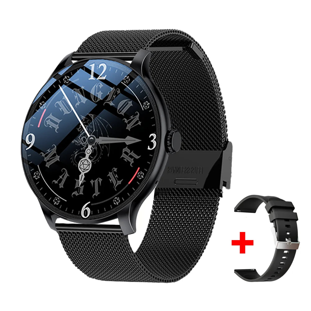 LAXASFIT GT2 smart watch with black mesh band and 1 extra black strap