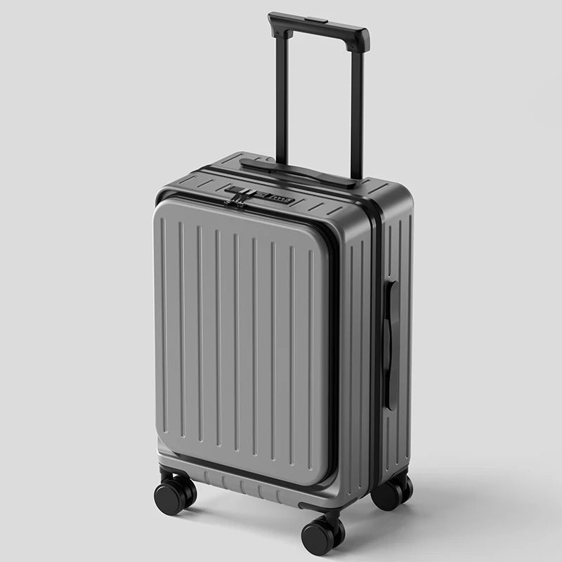 Gray carry-on suitcase with front pocket, telescoping handle, and four caster wheels