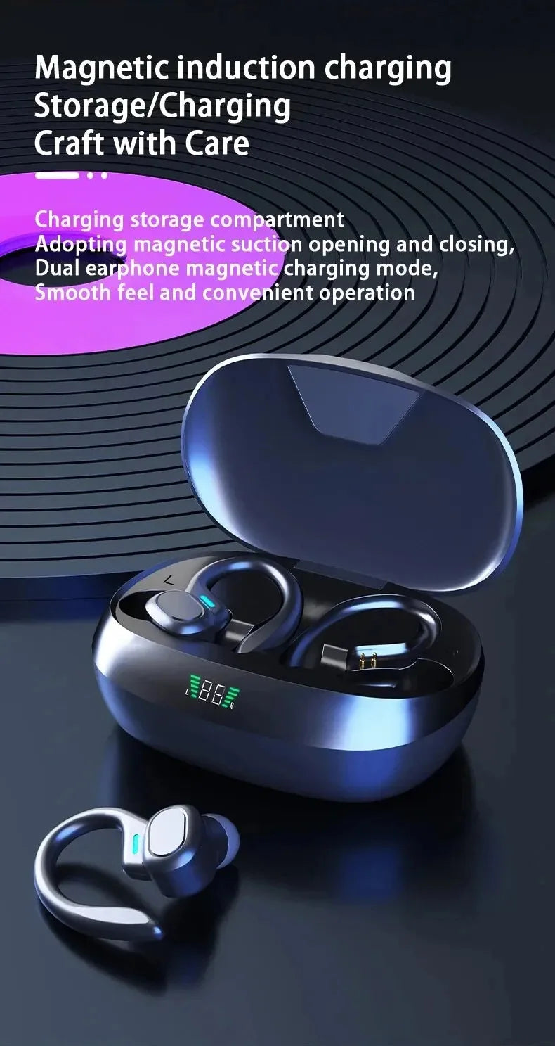 Black wireless earbuds with open magnetic charging case and visible mic area