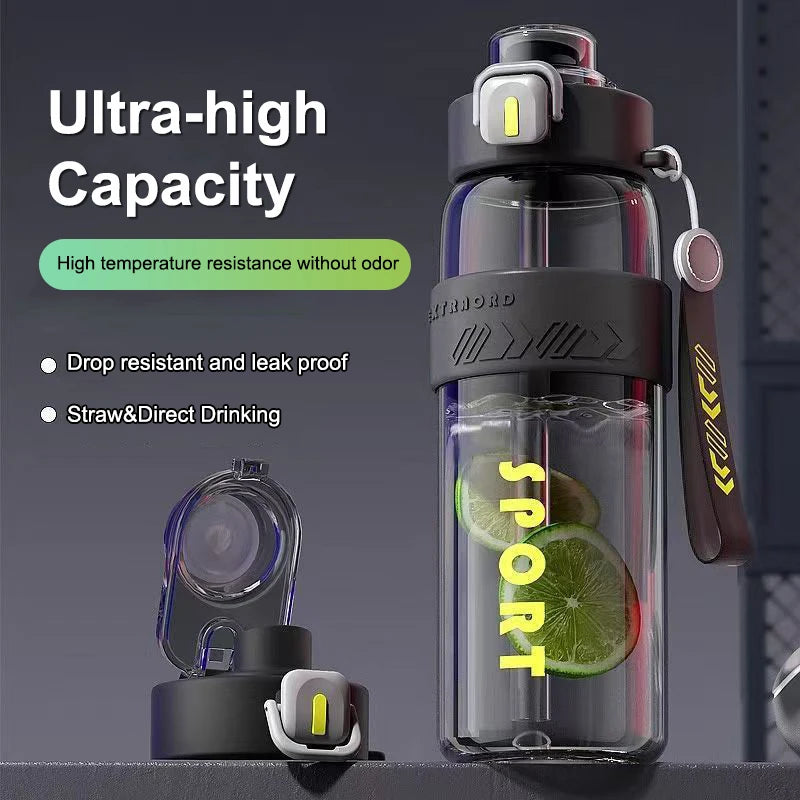 Clear sports water bottle with black straw lid and carry strap, 800 ml capacity shown.