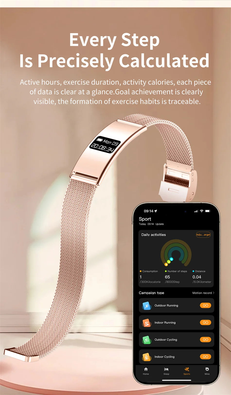 Rose mesh fitness tracker bracelet with black screen