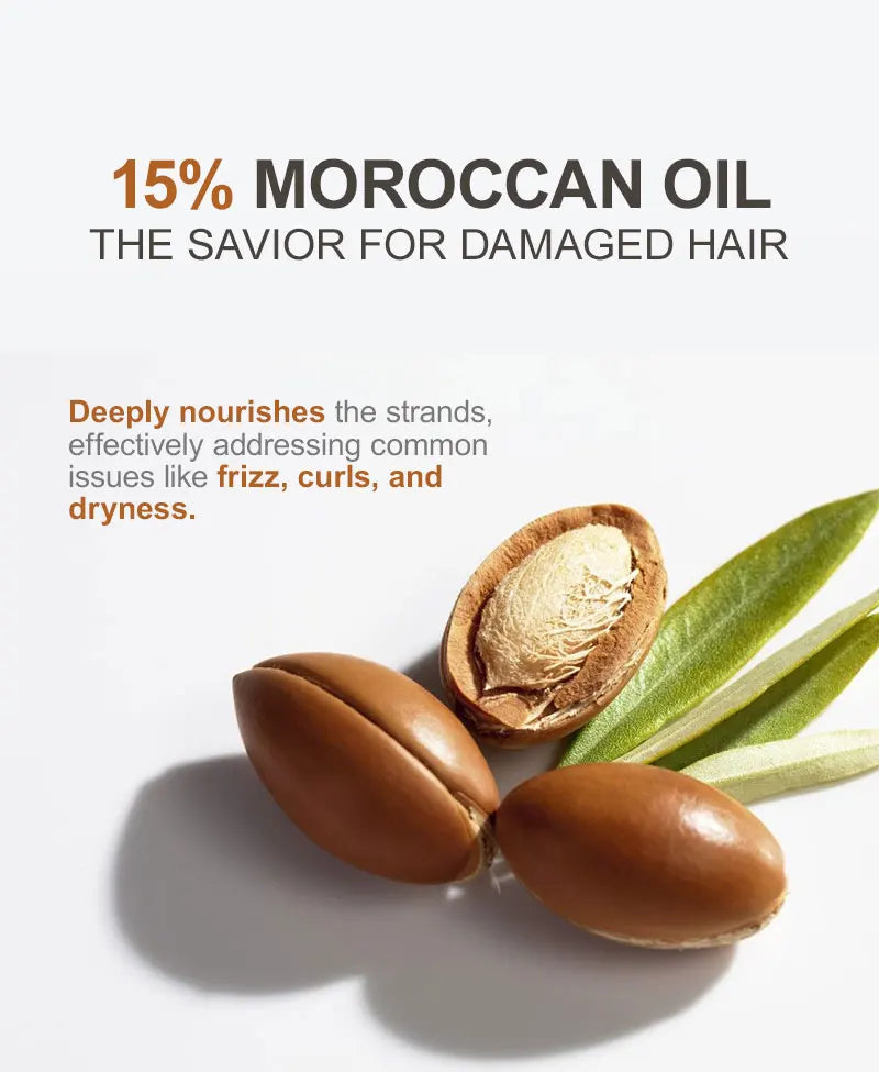 Moroccan oil imagery with three brown nuts and green leaves