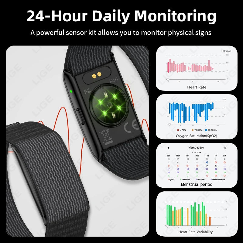Black fitness smart bracelet close-up with textured strap and lit heart display.