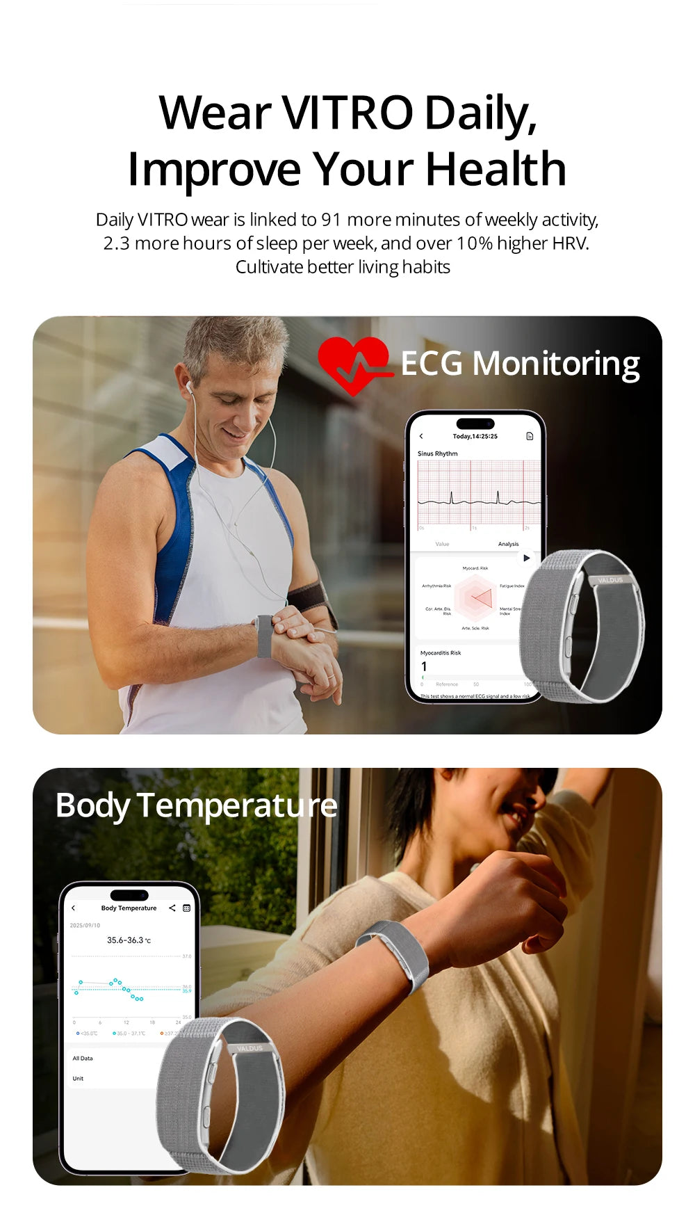 VALDUS VITRO ECG Smart Bracelet - No Screen Health Monitor with 30-Day Battery Life