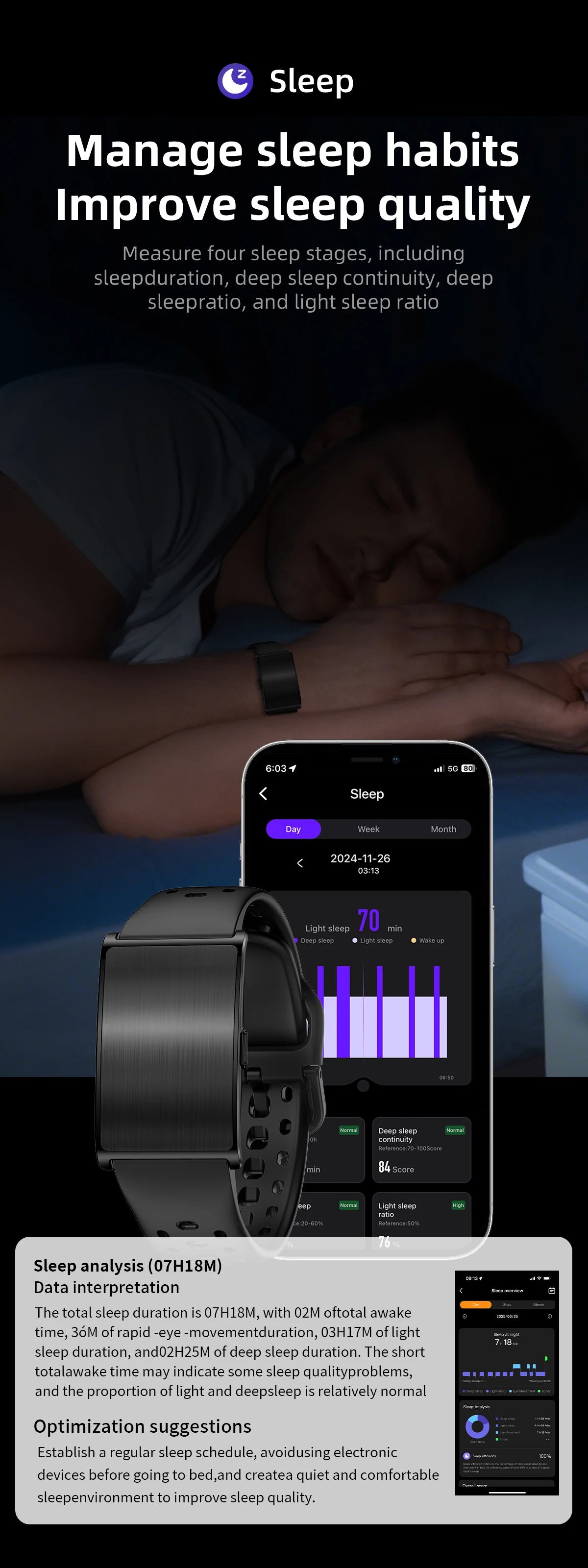 Black fitness bracelet with sleep monitor interface on phone screens and watch