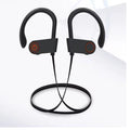 Black wireless sports headphones with over-ear hooks and inline microphone control