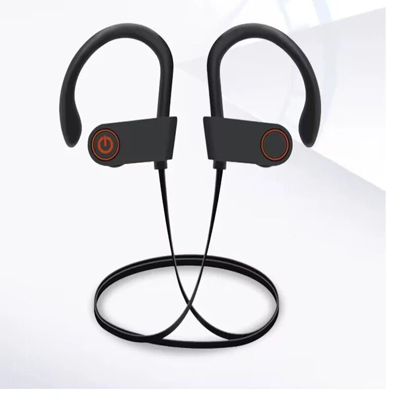 Black wireless sports headphones with over-ear hooks and inline microphone control