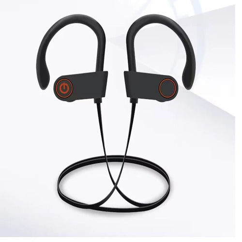 Black wireless sports headphones with over-ear hooks and inline microphone control