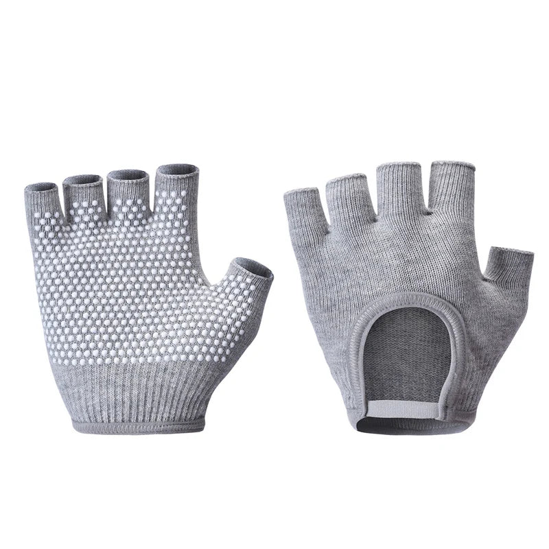 Grey half-finger yoga gloves with white grip dots and thumb ring panel