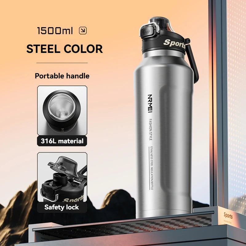 Insulated sports water bottle, steel color, with carry handle and black cap, 1.5L