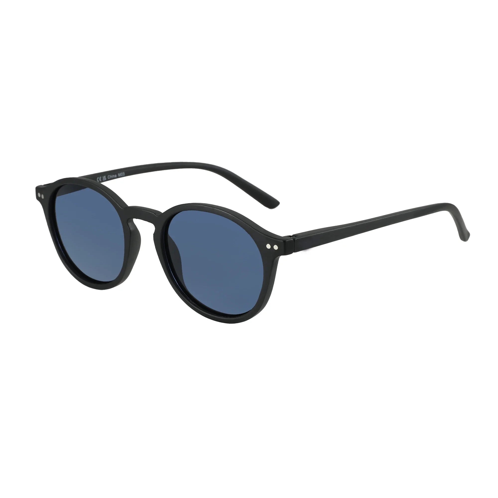 Round dark sunglasses with blue-tinted lenses and thin curved arms