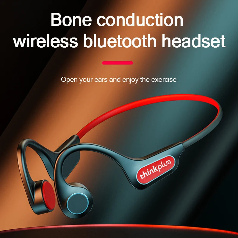 Bone conduction wireless headset with blue ear frame and red ear tips