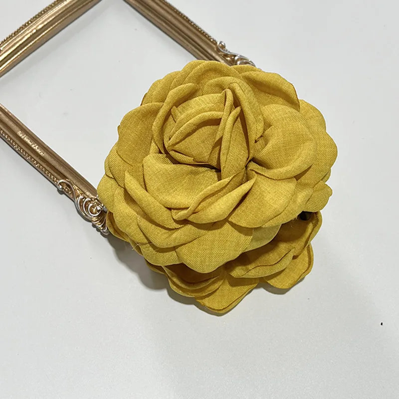 Yellow fabric rose flower hair claw clip with gold-tone frame, 1 barrette