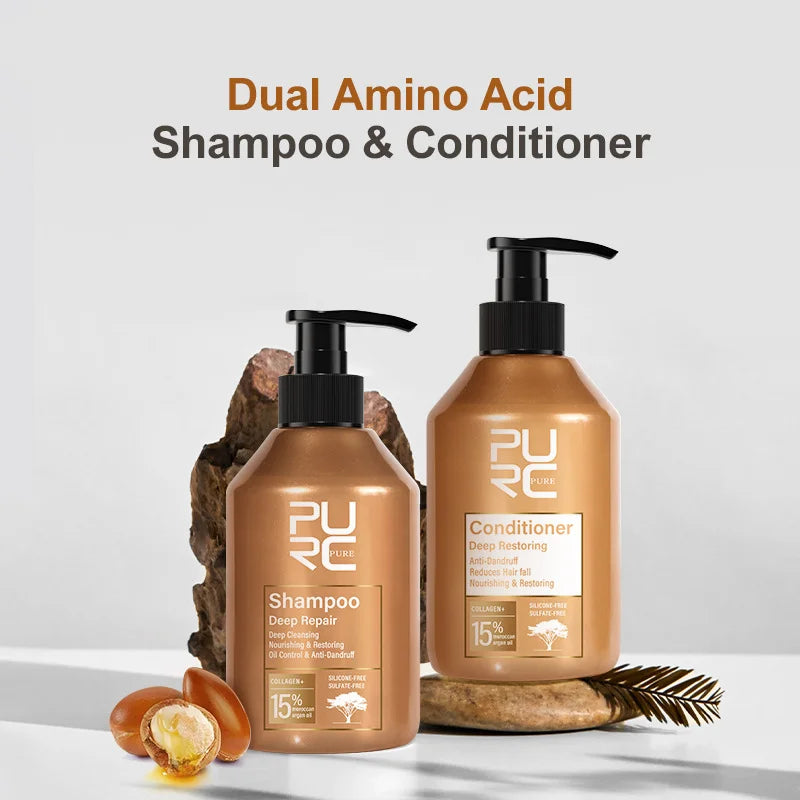 Moroccan argan oil shampoo and conditioner set: two amber bottles with black pumps