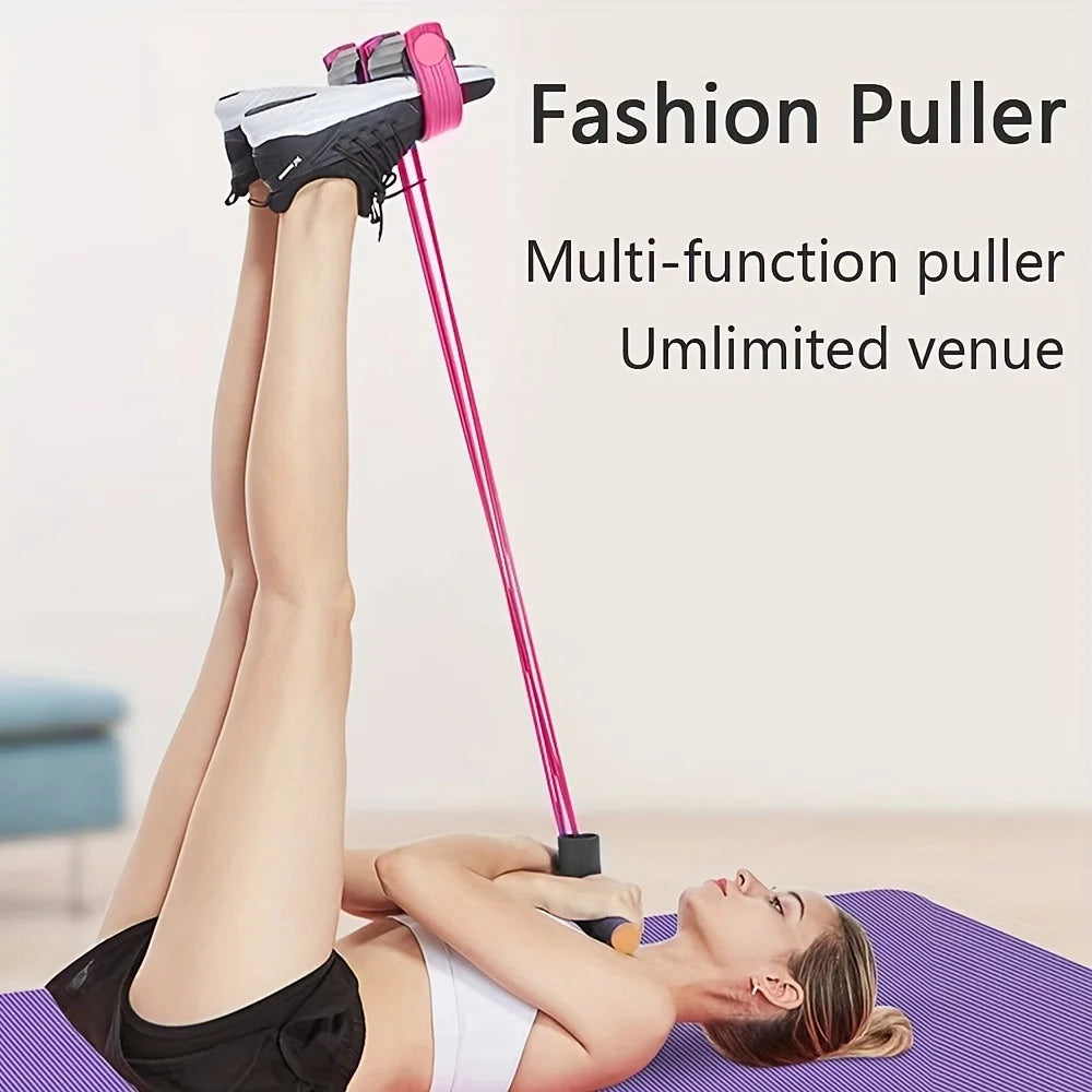 Purple resistance band pull rope with foam handles and foot pedals for floor chest workout