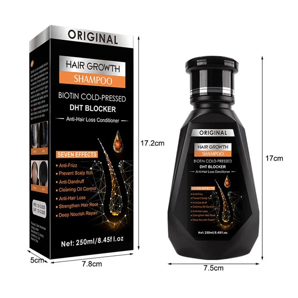 Biotin Ginger Hair Growth Shampoo bottle and box, black bottle with orange label, 250ml