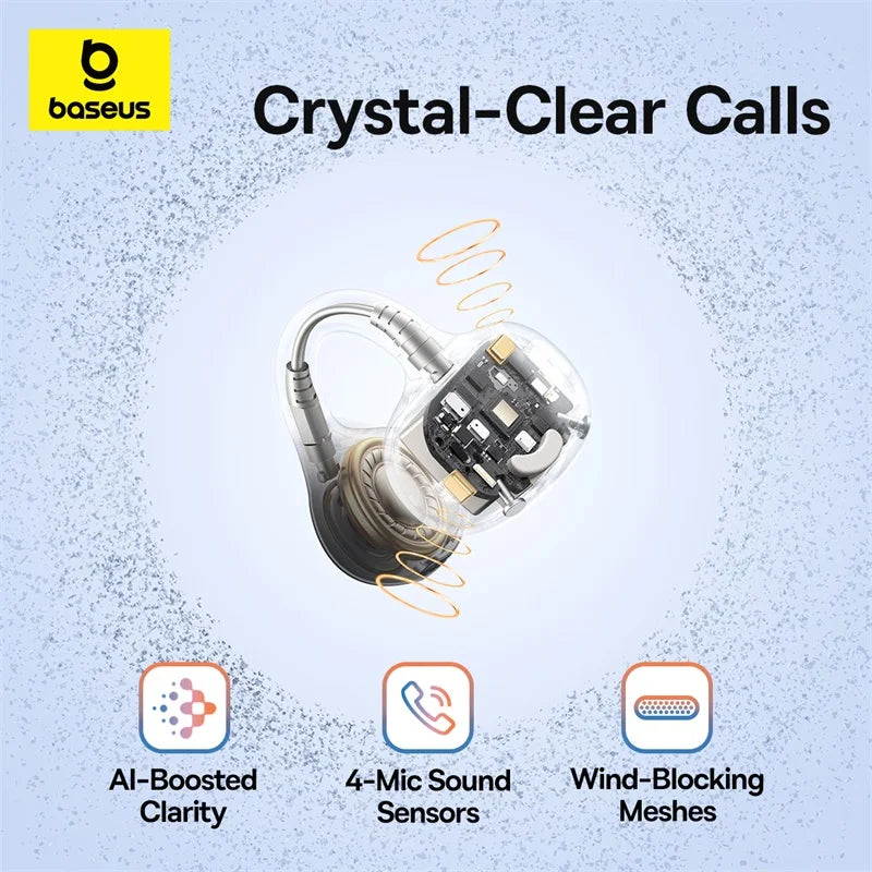 Open-ear clip earbuds with exposed internal speaker and mic module