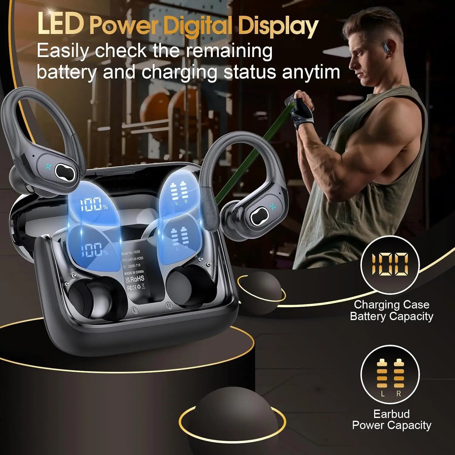 Sport earbuds with LED power digital display in charging case