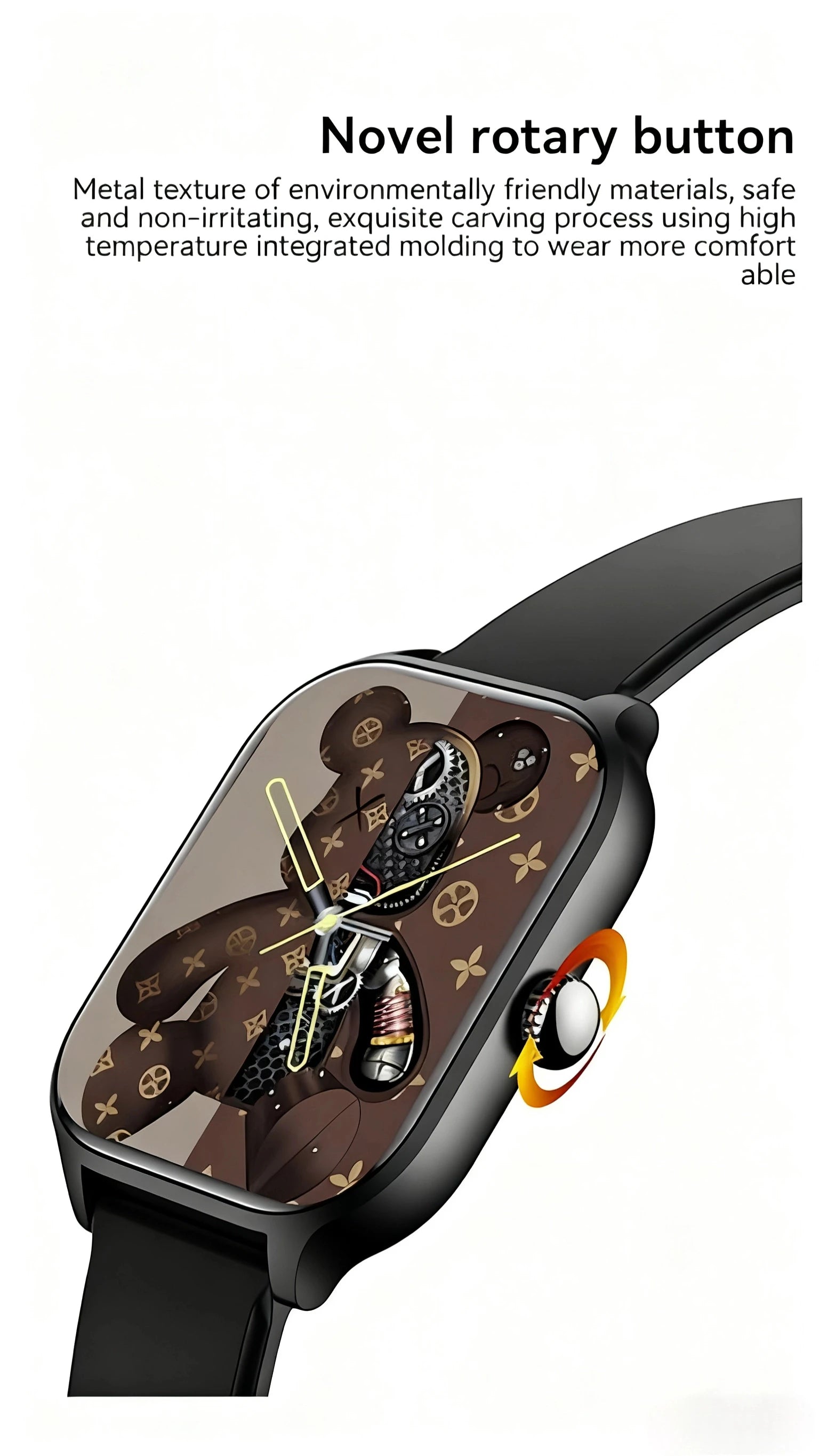 Smartwatch with patterned face graphics and black band, shown in close-up
