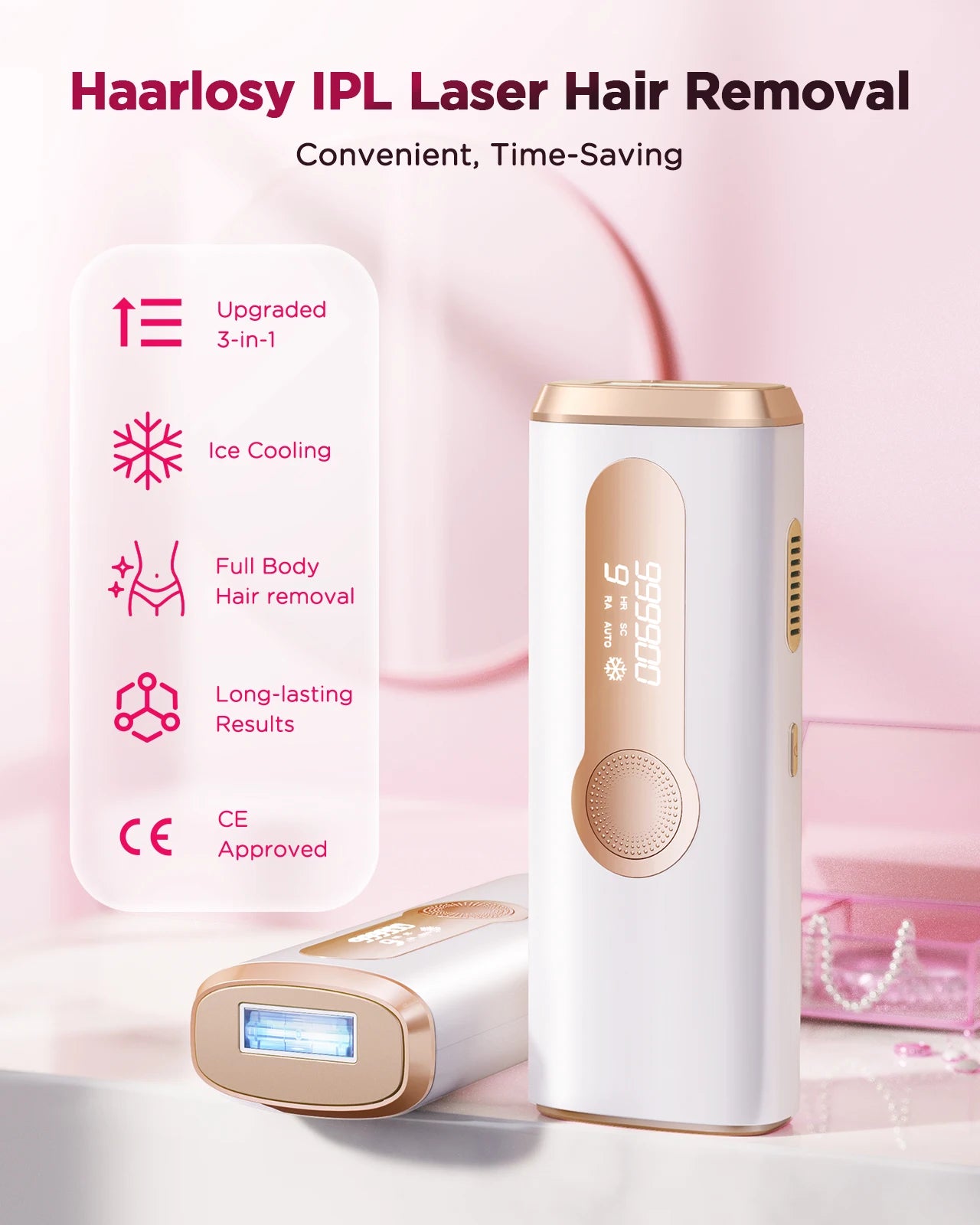 IPL hair removal device with gold trim, white body and glowing display window