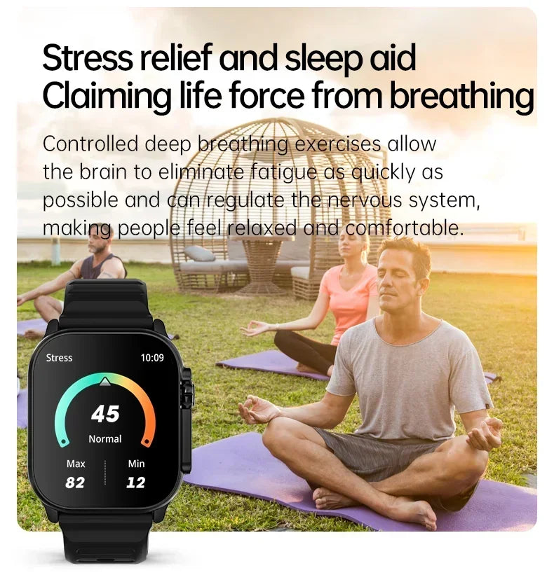 Smart watch with black silicone strap, showing stress and breathing guidance on screen.