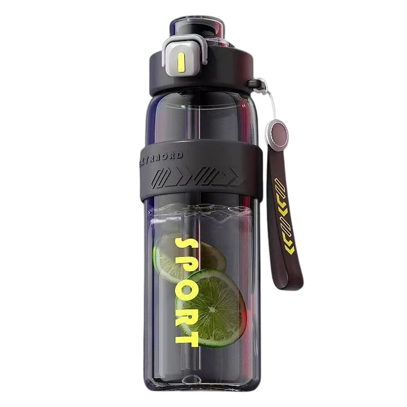 Leak-proof sports water bottle with straw, dark lid and side carry strap